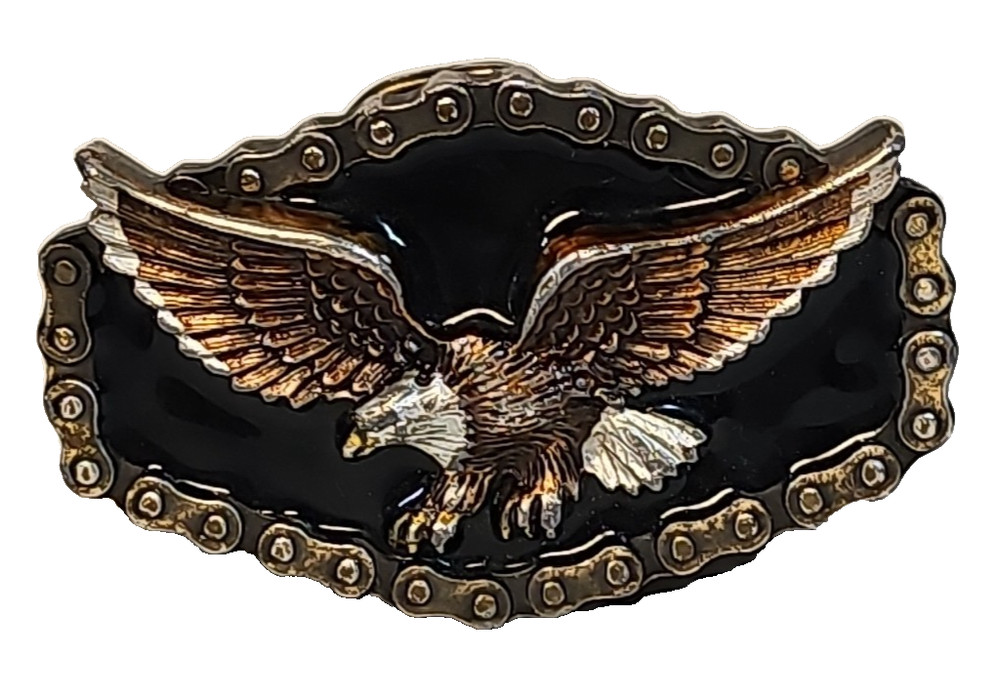 VTG 1983 Great American Buckle Co. Chicago Belt Buckle Enamel Eagle Biker Chain.