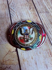 Pair Of Silver Metal Belt Buckles Eagle Seal Embossed Western Thunderbird Paint