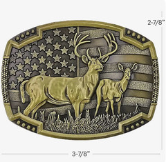 Men Antique BRONZE Metal Belt Buckle Deer Hunter Western USA Flag Background