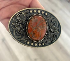 Burnt Orange Stone Western Belt Buckle Agate Inlay Cowboy Brass 1.5in Strap Fit