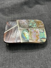 Gorgeous Belt Buckle Wood Abalone Shell Silver Tone Mexico