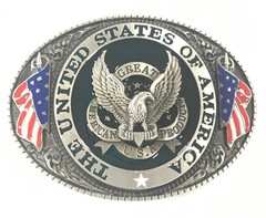United States of America Bald Eagle Belt Buckle, Flag, USA, Antique Silver Tone
