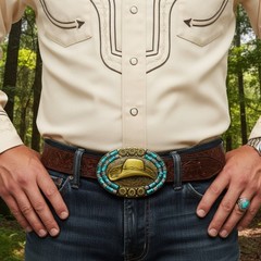 Men Women Antique Gold Metal Belt Buckle Cowboy Hat Turquoise Rodeo Southwestern