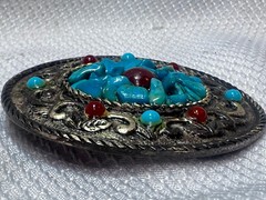 VTG Turquoise Belt Buckle Red Color Stones South Western Country Style Oval