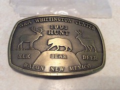 NRA Belt Buckle Whittington Center Raton NM 1991 Hunt Elk Bear Deer 3.5&Prime; x 2.25&Prime;