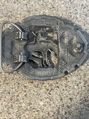 Diamond Cut Pewter Man Riding Horse Belt Buckle