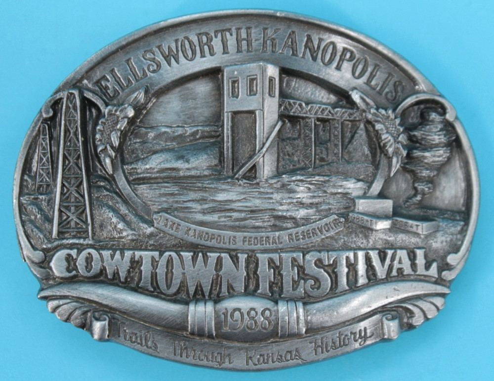 VTG 80s Ellsworth Kanopolis Kansas Cowtown Festival Western Belt Buckle