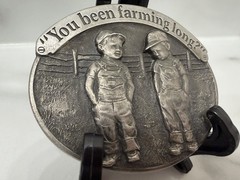 vintage USA made LITTLE FARMERS belt buckle SOLID PEWTER farming WESTERN heavy