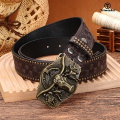 TRIWORKS Western Leather Belt for Men Cowboy Cowgirl Fit Size 38&Prime;-41&Prime;, Coffee