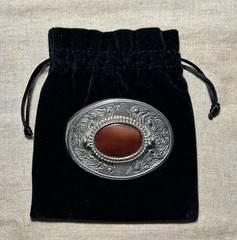 Vintage Style Western Silver Tone Belt Buckle Red Cabochon Stone Engraved Oval
