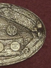 VTG Belt Buckle BARN 1984 Bergamot Brass Works Pewter Farming T 149 Made in USA