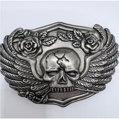 Silver-tone belt buckle featuring a skull with wings and roses