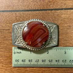 Vintage Western Belt Buckle Carnelian Agate Stone Silver Tone Floral Engraving