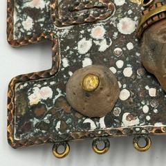 Vintage Maya Mexico Brutalist Mixed Metal Belt Buckle Clay Mask Enamel Folk Art