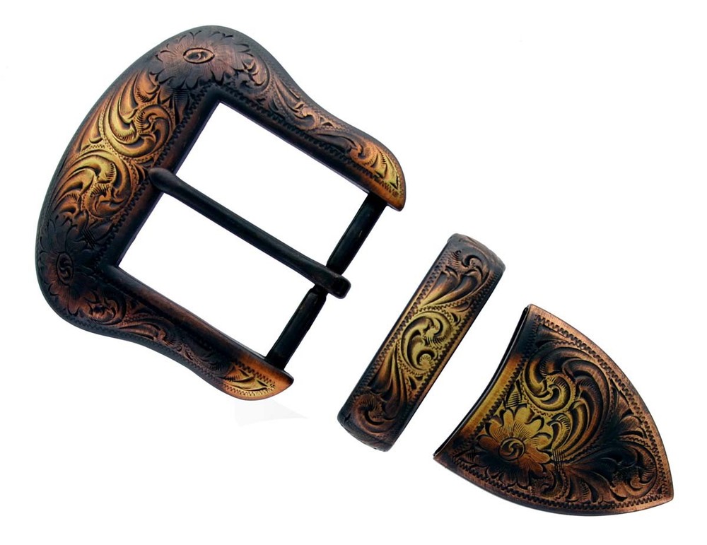 WESTERN COWBOY ANTIQUE BRASS FLORAL ENGRAVED BELT BUCKLE SET FITS 1-1/2&Prime; STRAP