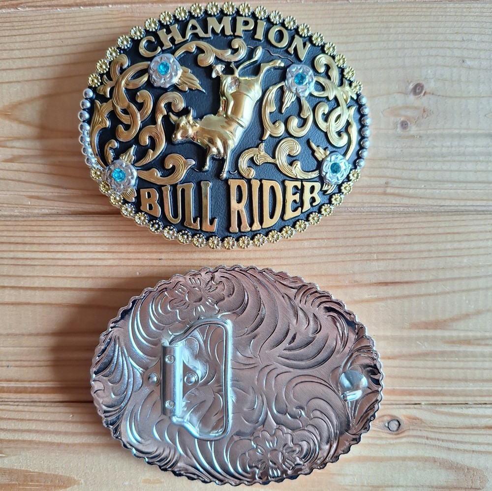 BIG champion Bull rider rodeo western silver & gold belt buckle (choice colors)