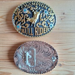 BIG champion Bull rider rodeo western silver & gold belt buckle (choice colors)