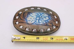 Western Tooled Leather Belt Buckle Brown Blue Ombre Floral Silver Ribbon Vintage