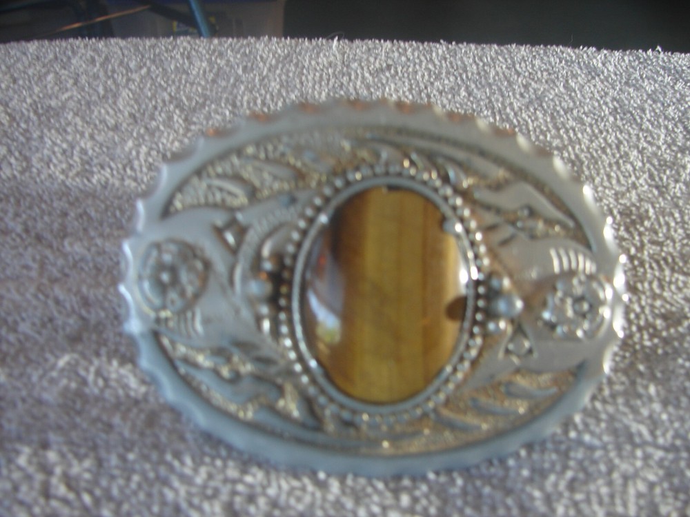Unbranded Polished Brown Stone Western Cowboy Silver Belt Buckle