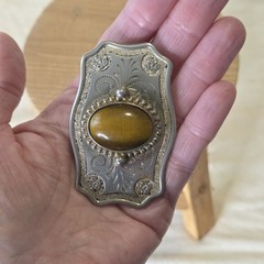 Vintage Silver Metal Belt Buckle With Tiger&rsquo;s Eye Floral/Swirl Design For 1&Prime;Belt