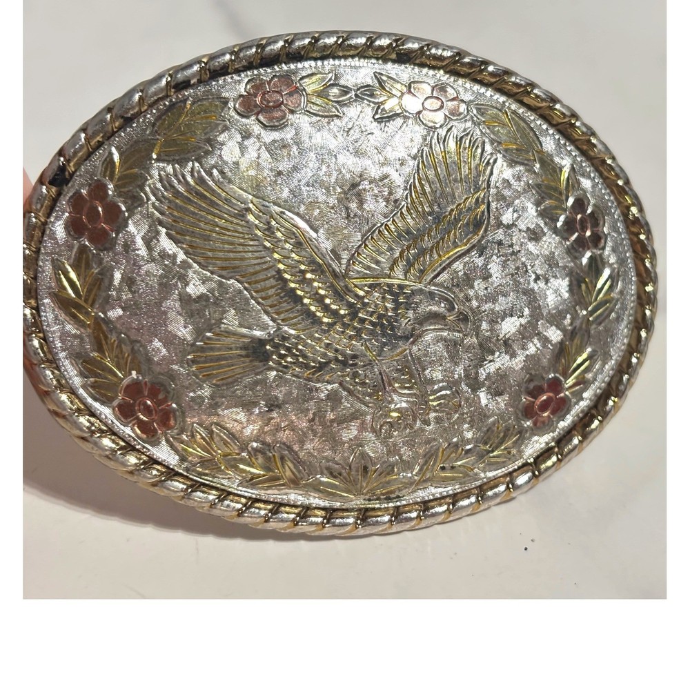 Vintage Western Eagle Floral Belt Buckle Tri-Tone Gold Silver Rose Made in USA