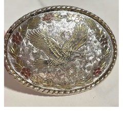 Vintage Western Eagle Floral Belt Buckle Tri-Tone Gold Silver Rose Made in USA