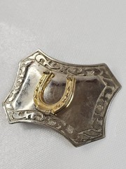 Chrome Horseshoe Belt Buckle Scroll Border Flared Ends Equestrian Vtg