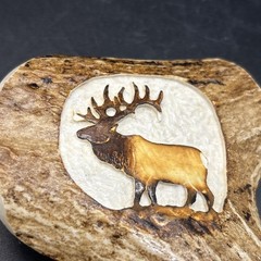 Elk Antler Belt Buckle Hand Carved And Painted With Solid Brass Hardware