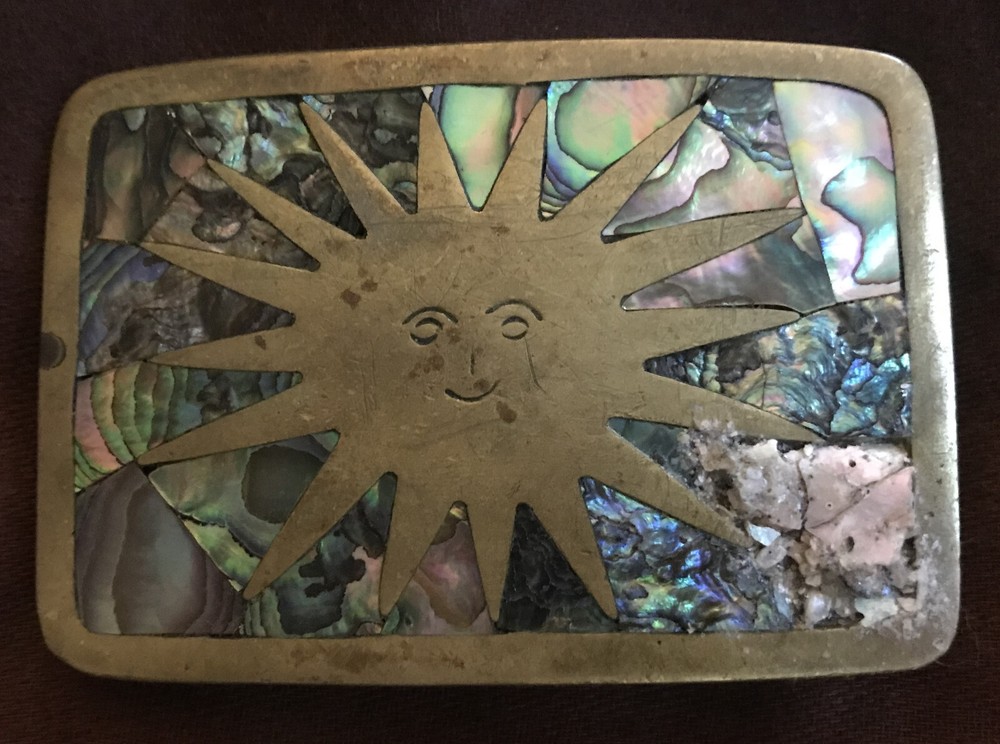 *** Sun Design Mother-of-Pearl Inlay, Brass-Colored Belt Buckle