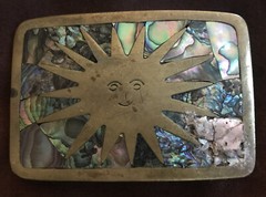 *** Sun Design Mother-of-Pearl Inlay, Brass-Colored Belt Buckle