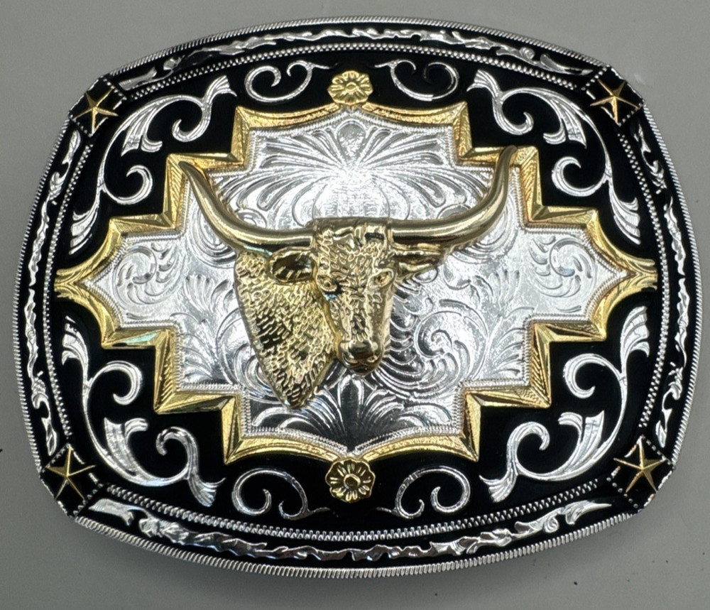 Vintage Western Longhorn Texan Rodeo Style Black Silver Gold Tones Large