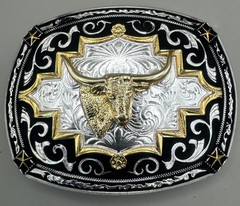 Vintage Western Longhorn Texan Rodeo Style Black Silver Gold Tones Large