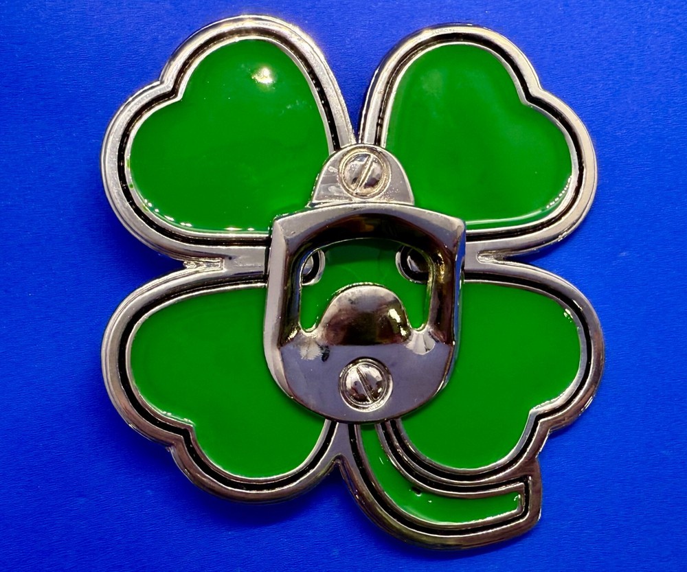 Lucky Four Leaf Clover Enameled Shamrock Large Belt Buckle with Bottle Opener
