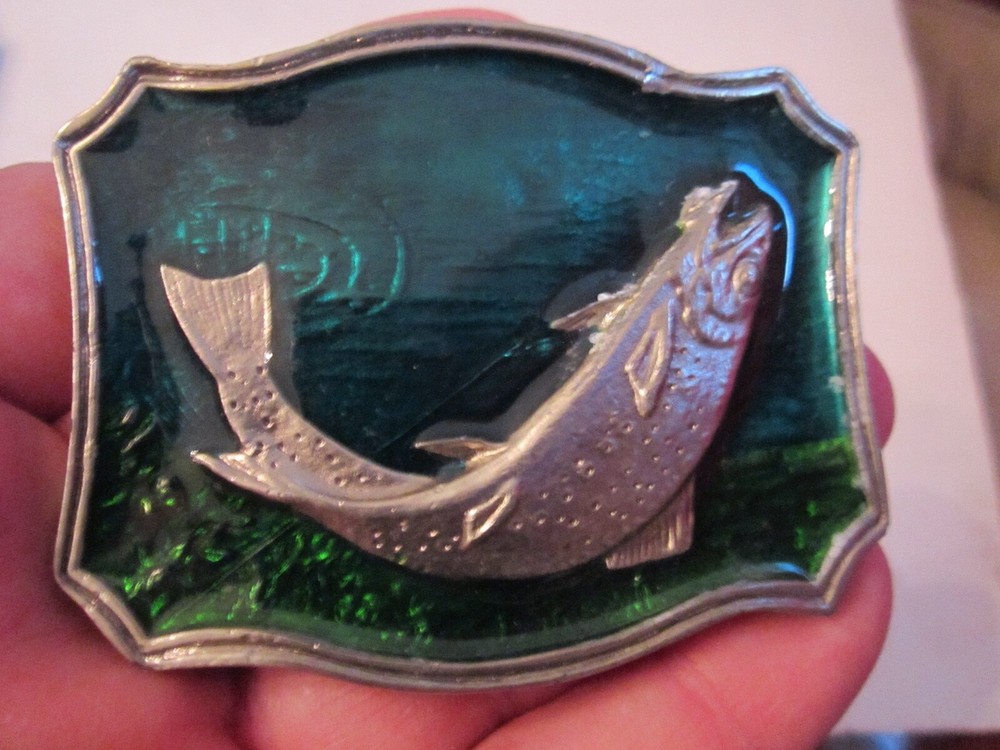 SPORT FISHING THEME BELT BUCKLE – BLUE GREEN ENAMEL/METAL – GW-15