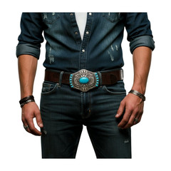 Men Women Silver Big Metal Belt Buckle Southwestern Fashion Turquoise Blue Beads
