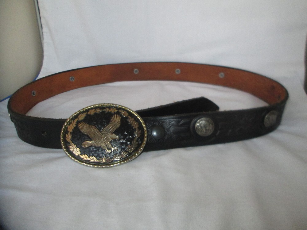 Flying Eagle Buckle Brass Tone & Black & Buffalo Nickel Accented Belt Size 38
