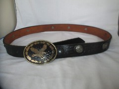 Flying Eagle Buckle Brass Tone & Black & Buffalo Nickel Accented Belt Size 38