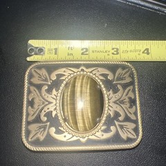 Vintage Belt Buckle Western Style Gold Ornate with Large Brown Oval Stone