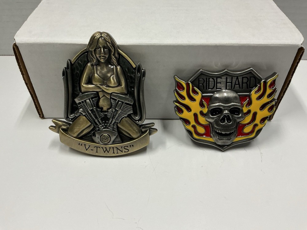 Pewter Belt Buckle Flaming Skull V-Twins Motorcycle Biker Lady Bradford Exchange