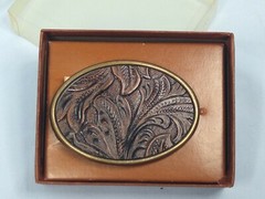Oden Leaf Pattern USA Made 2 3/4 X 2 inches Belt Buckle in Box