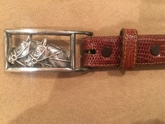KIESELSTEIN EQUESTRIAN RACE HORSES BELT BUCKLE WITH BROWN LIZARD BELT SIZE 6