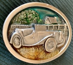 VINTAGE Belt Buckle PEWTER/ENAMEL Antique Convertible Car Fence Farm House 1984