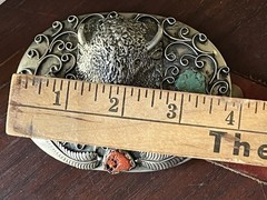 Vintage Sterling Signed Gomez Belt Buckle – Buffalo Turquoise/Coral