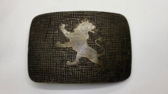 Heraldic Rampant Lion Grid Pattern Brass Tone Belt Buckle, Made in Italy