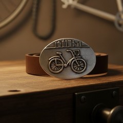 Oval Bicycle Belt Buckle Antique Silver With Road Bike Rider Vintage Style