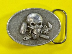 Mechanic Skull Crossed Wrench Hammer Tool Solid Fine Pewter Belt Buckle