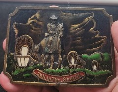 Vintage Solid Brass W/Enamel Cowboy Tall in the Saddle Belt Buckle Signed
