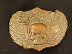 Winged Head Skull Pewter Belt Buckle Vintage Brass Flying Skull With Roses, USA