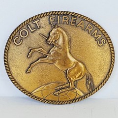70&rsquo;s Colt Firearms Belt Buckle Signed Brass Tone Rampant Colt Horse Logo Western