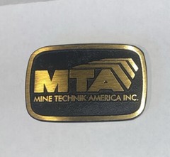 Vintage MTA Mine Technik America INC Brass Belt Buckle Mining Decals Stickers #1